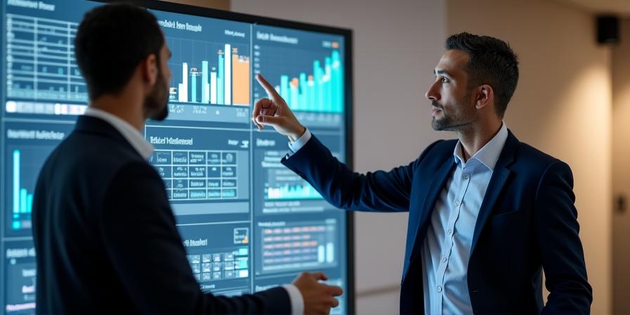 Two senior consultants analyzing a marketing funnel on a large screen in a boardroom